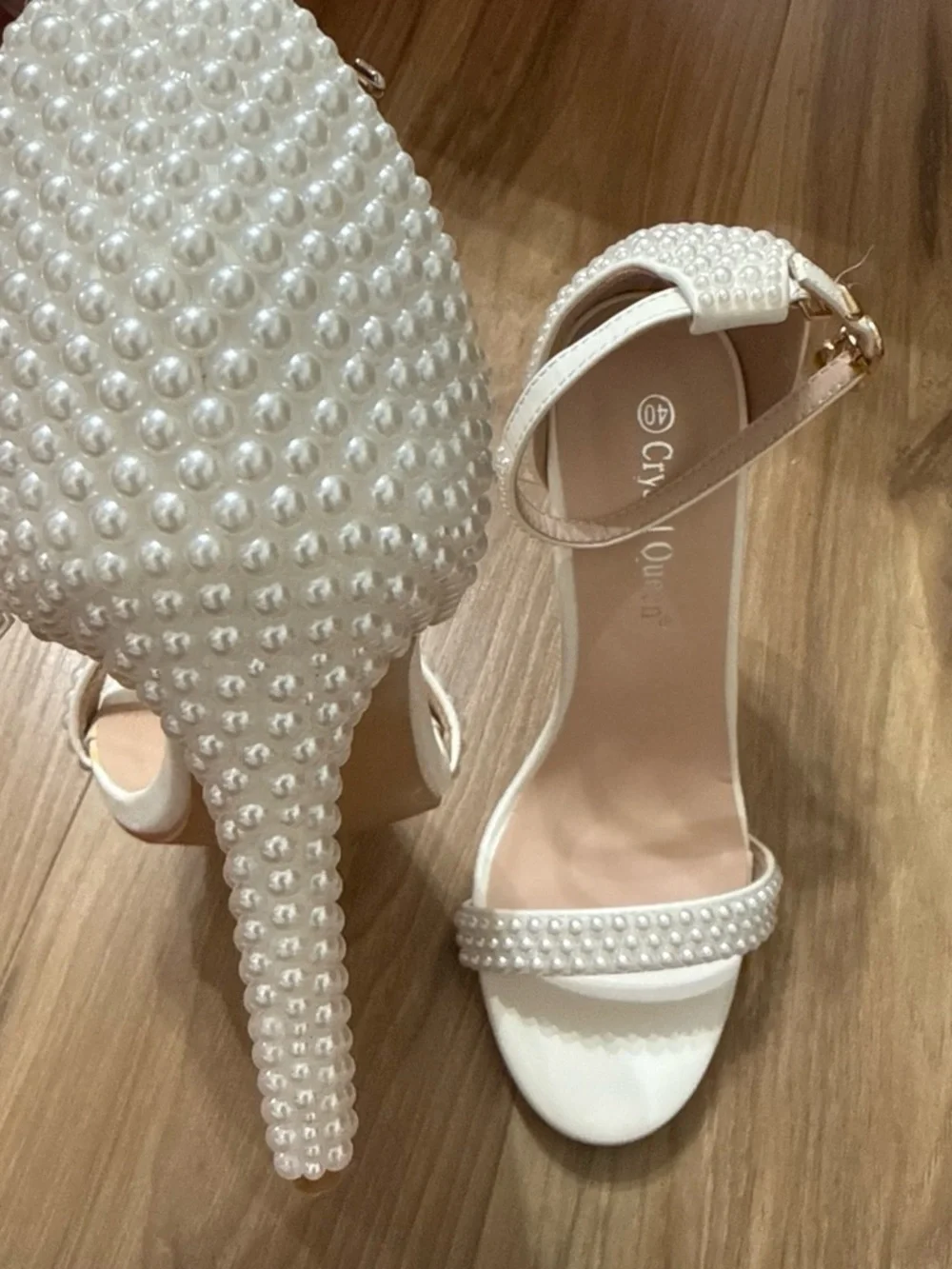 Pearl-Studded White Ankle-Strap Stilettos